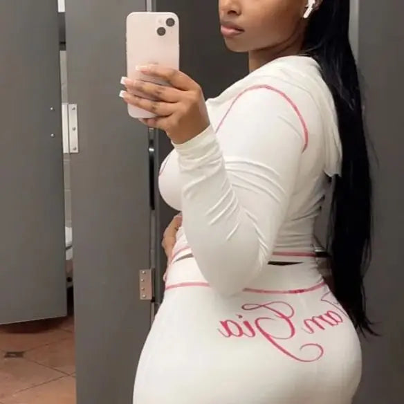 Spring And Autumn Print 2 Pieces Set Causal Street Outfits Women Y2K Fashion Long Sleeve Zip Hooded Crop Tops