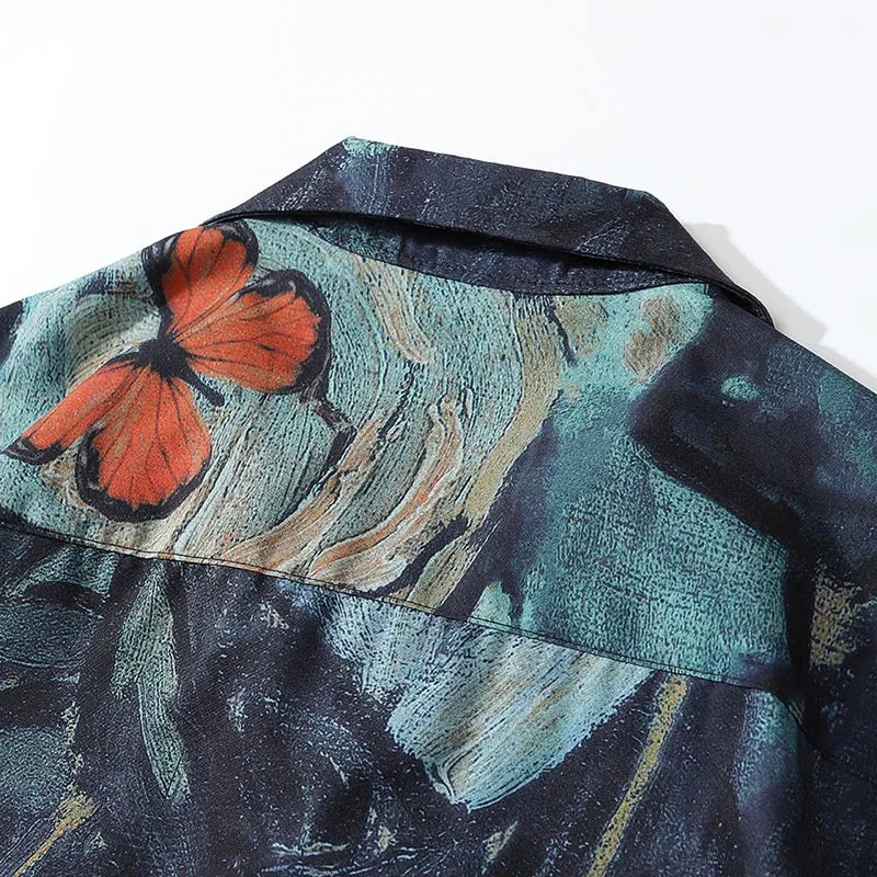 2025 Men Harajuku Hawaiian Shirt Hip Hop Streetwear Butterfly Painting Print Beach Shirt Summer Short Sleeve Aloha Shirt Casual