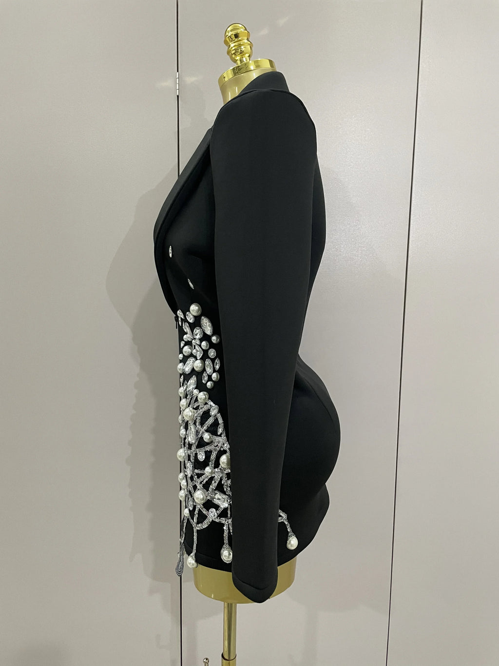 Sparkly Crystal Chains Pearls Long Sleeve Mini Dress 2025 Women Birthday Evening Party Nightclub Outfit Singer Wedding Costume