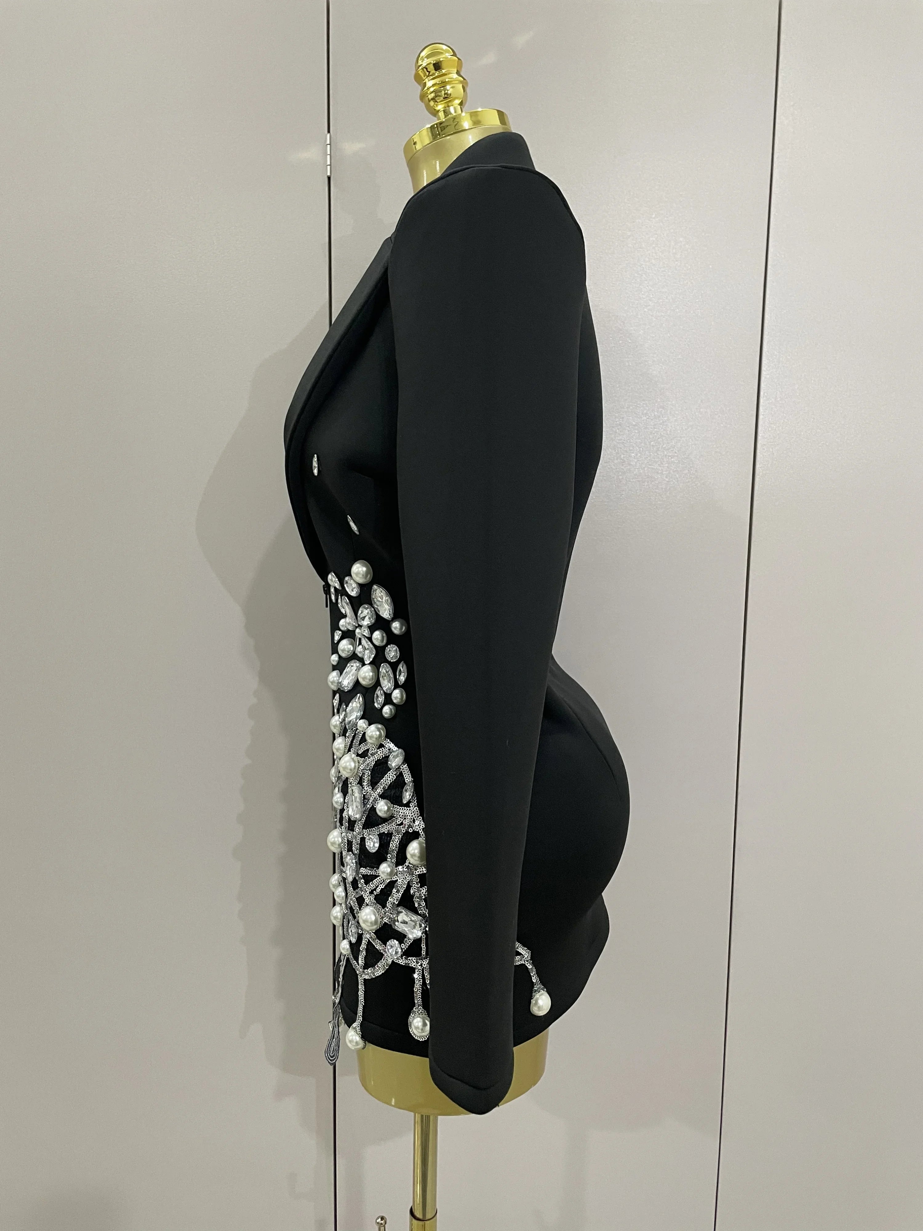 Sparkly Crystal Chains Pearls Long Sleeve Mini Dress 2025 Women Birthday Evening Party Nightclub Outfit Singer Wedding Costume