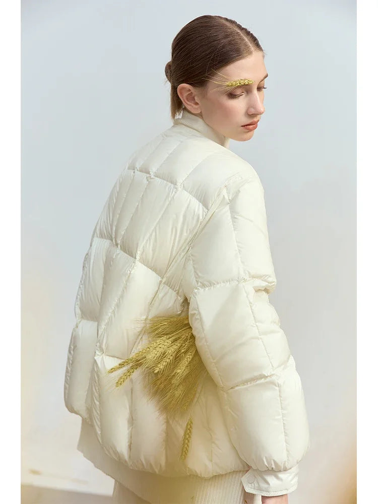 AMII 2024 Winter New Women's Shoulder Sleeves Thickened Collision Material Splicing Wool Fake Two-piece Down Jacket 12444054