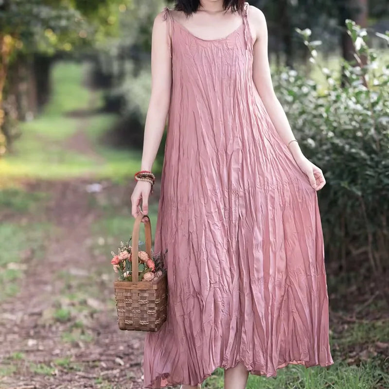 UMI MAO Small Niche Design With Irregular Pleats V-neck Camisole Dress Summer Slimming Effect Hanging Large Swing Long Skirt