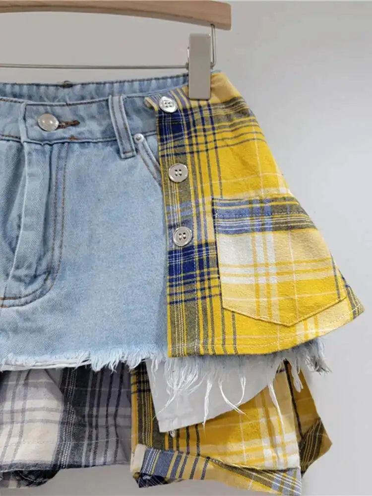 DEAT Women's Denim Skirt Colored Plaid Patchwork Irregular Deconstructed A-line High Waist Mini Skirt 2025 Summer New Fashion