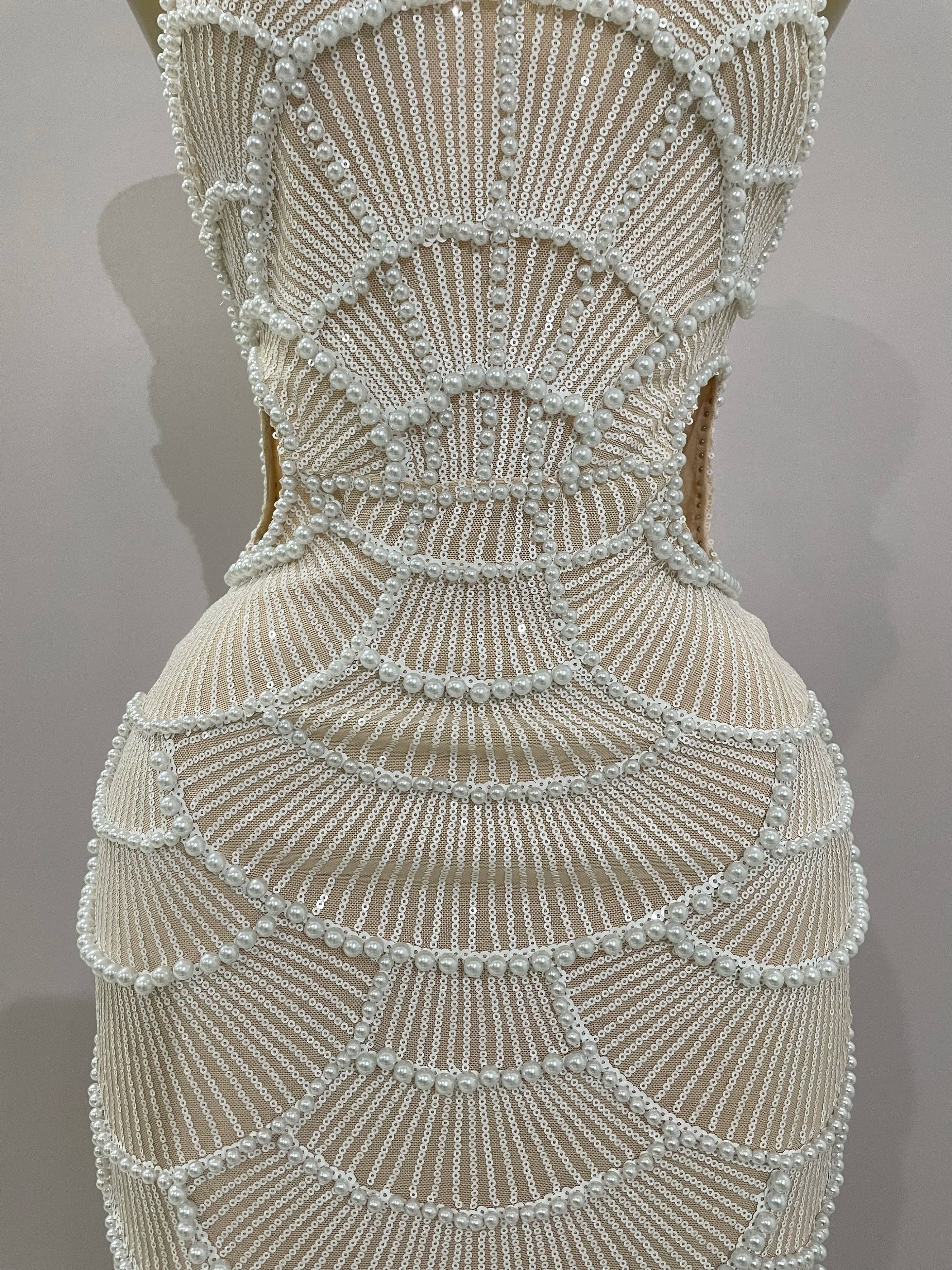 Women Hot Sale Sleeveless Sexy Strap Pearl Beading Sequins Bodycon Long Dress Celebrate Evening Party Birthday Outfit Vestido