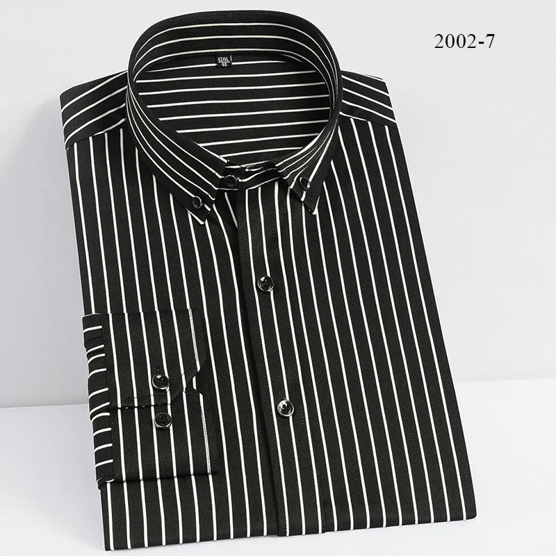 Men Spring Summer Comfortable Vertical Striped Strech Mens Dress Shirts Long Sleeve Soft Business Work Shirt  No Pocket Male