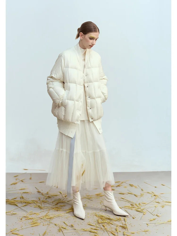 AMII 2024 Winter New Women's Shoulder Sleeves Thickened Collision Material Splicing Wool Fake Two-piece Down Jacket 12444054