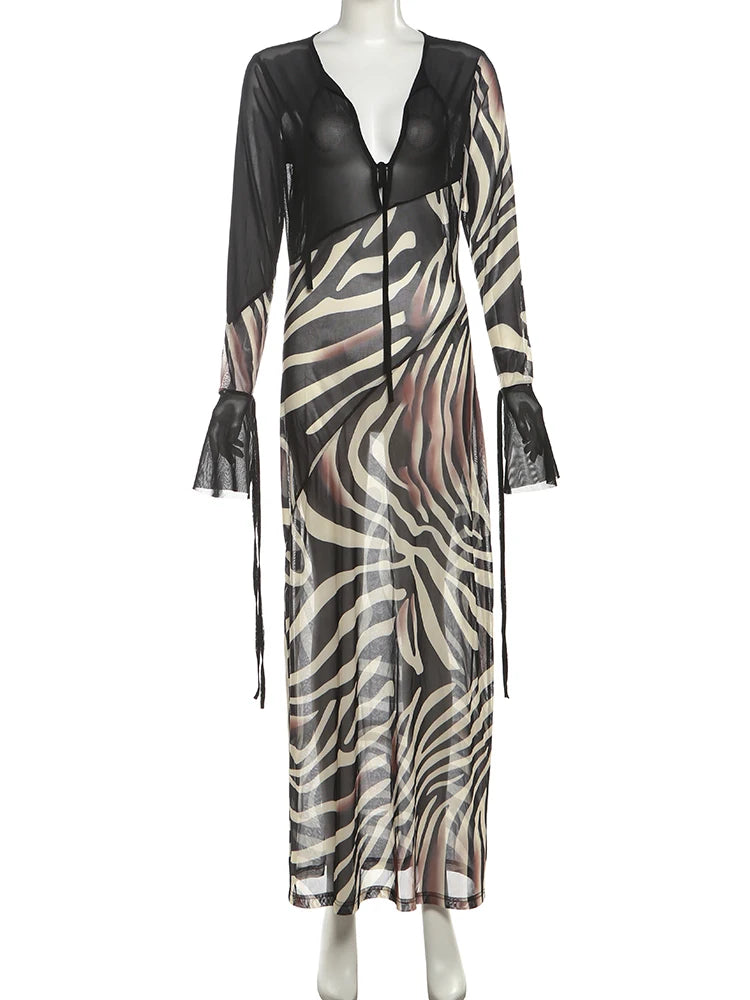 Cutenew Patchwork Print Women Dresses Elegant Vintage Low V-Neck Full Sleeve Straight Maxi Bodycon Female High Street Party Robe