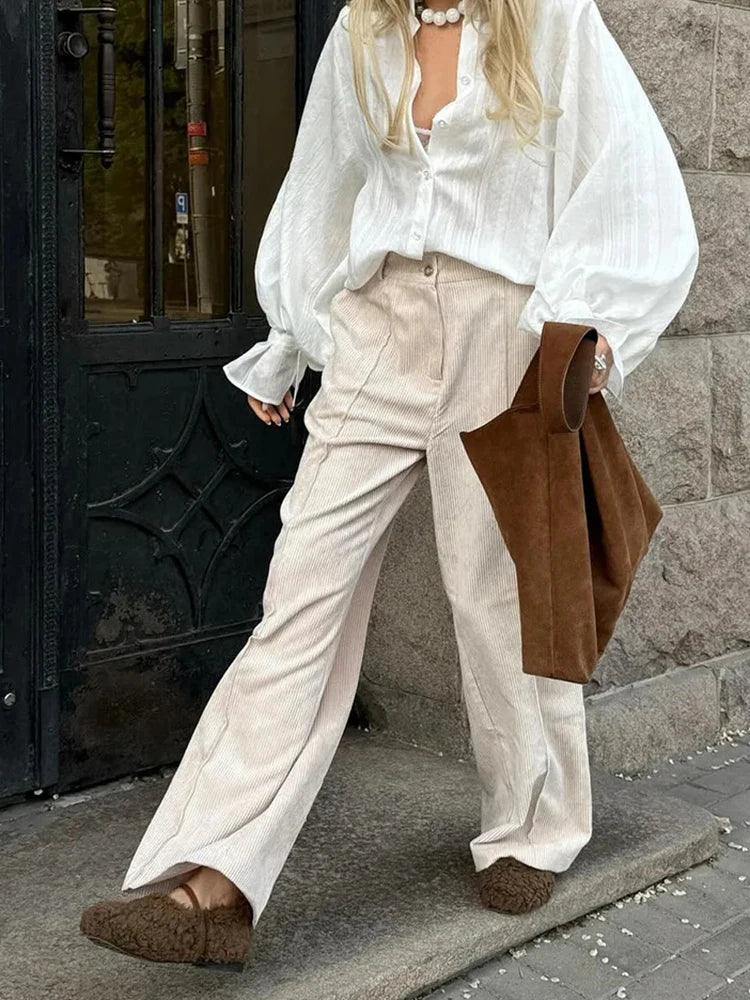 Aoaiiys Pants Women's Corduroy Cotton Vintage Trousers High Waist Wide Leg Pants Autumn Winter New Fashion Chic Casual Trousers