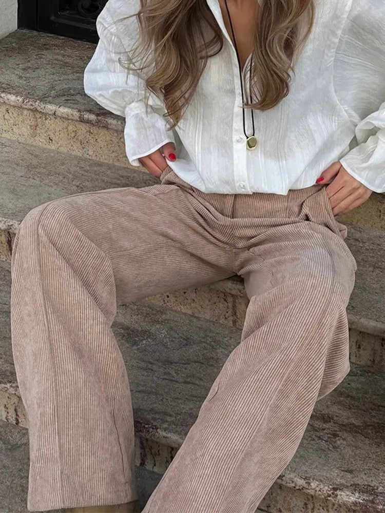 Aoaiiys Pants Women's Corduroy Cotton Vintage Trousers High Waist Wide Leg Pants Autumn Winter New Fashion Chic Casual Trousers