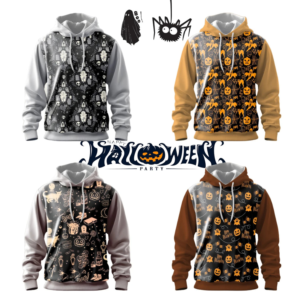 Happy Halloween Strange Pumpkin Ghost Skull Full Print Men's Pullover Hooded Hoodie Fashion Match Color Soft Comforted Windproof