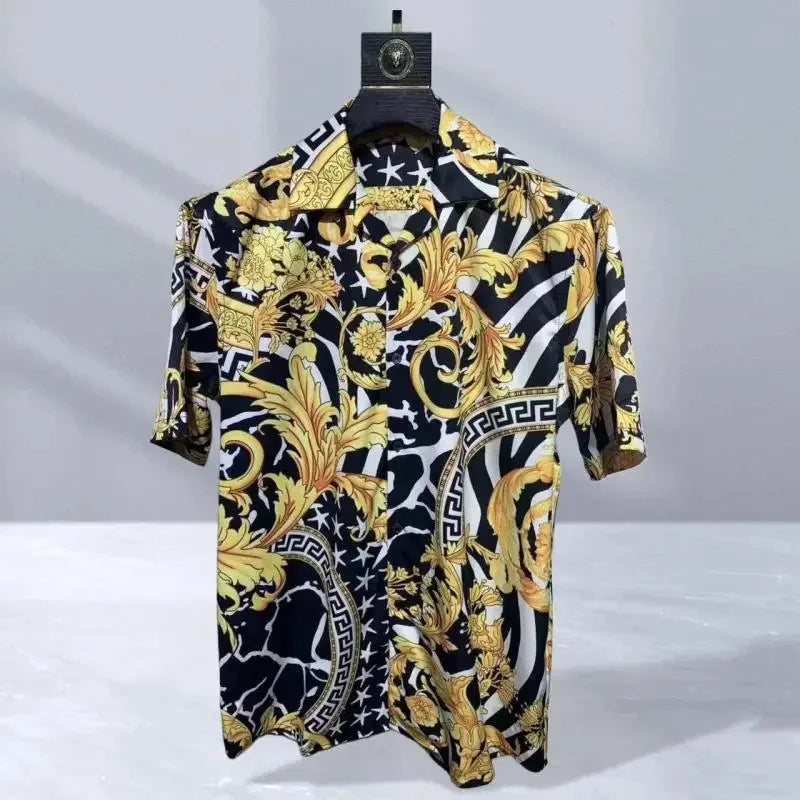 2025 men's high-quality short sleeved shirt with luxurious golden Baroque string print, Cuban collar shirt, suitable for street