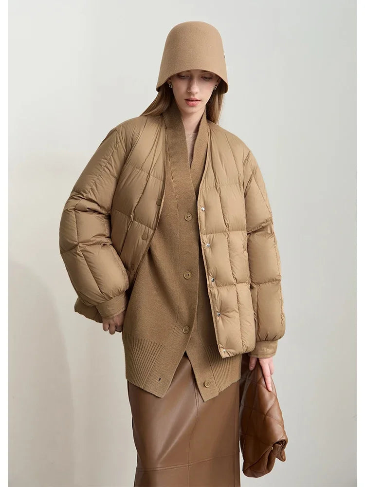 AMII 2024 Winter New Women's Shoulder Sleeves Thickened Collision Material Splicing Wool Fake Two-piece Down Jacket 12444054