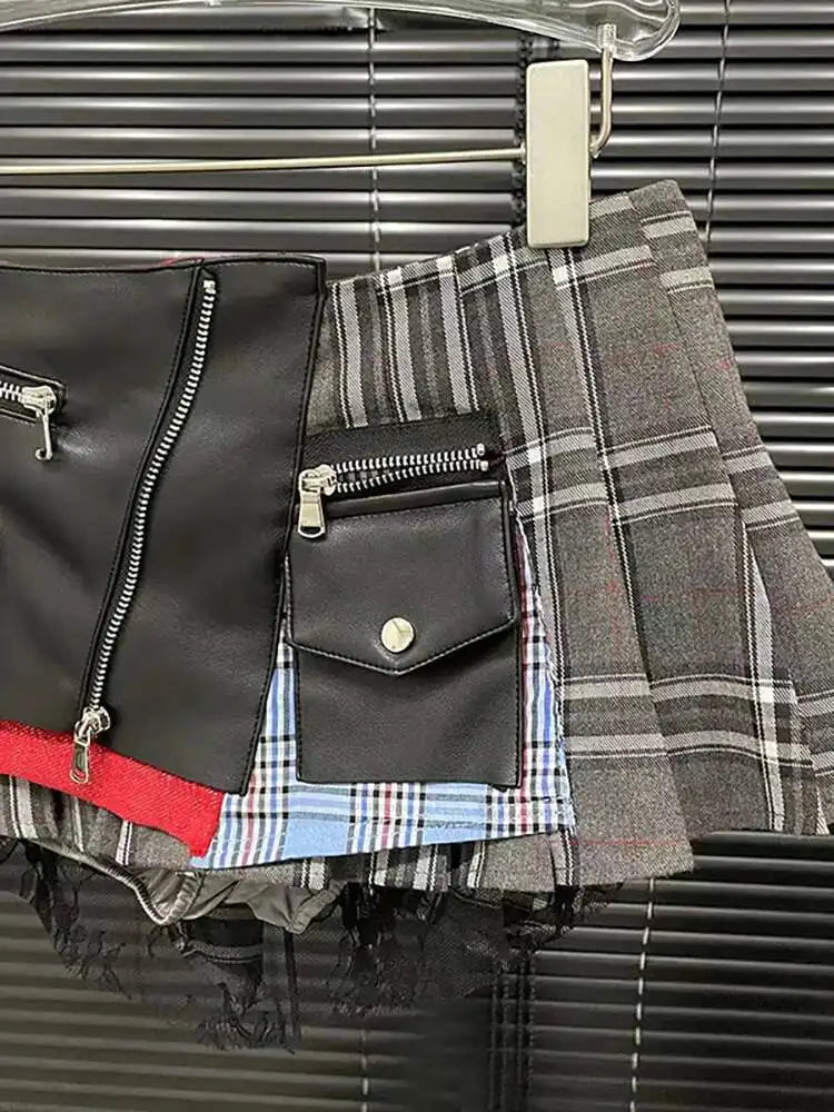 DEAT Women's Denim Skirt High Waist Pu Leather Patchwork Plaid Irregular Wrap Hip Mini Skirts 2025 Summer New Fashion 29L7565