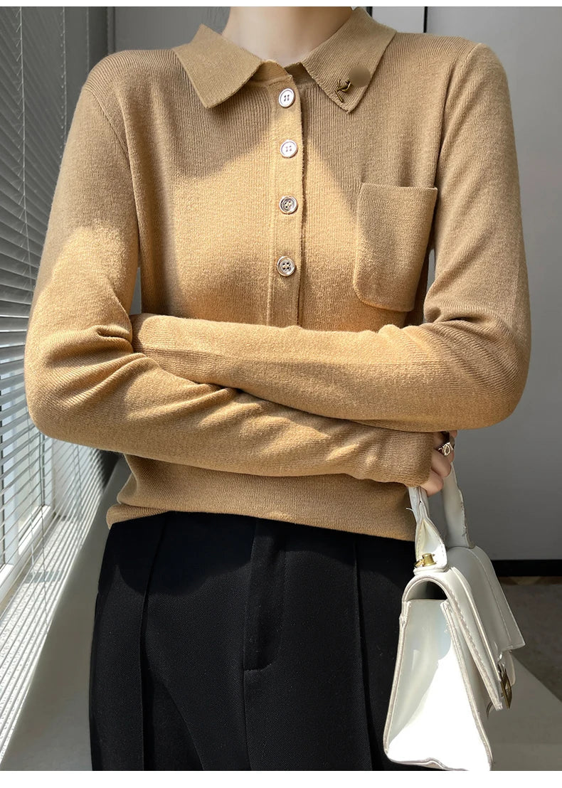 Women 100% Pure Merino Wool Soft Sweater Polo Collar Pullover Autumn Winter Casual Knit Tops Solid Color Regular Female Knitwear