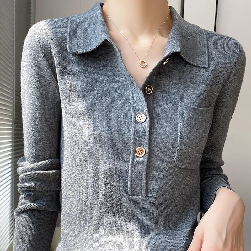 Women 100% Pure Merino Wool Soft Sweater Polo Collar Pullover Autumn Winter Casual Knit Tops Solid Color Regular Female Knitwear