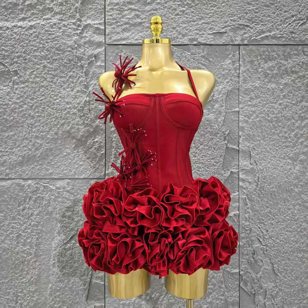 Red Color Women Sexy Halter Full Florals 2 Pieces Bodycon Mini Bandage Dress Celebrate Nightclub Party Birthday Dress