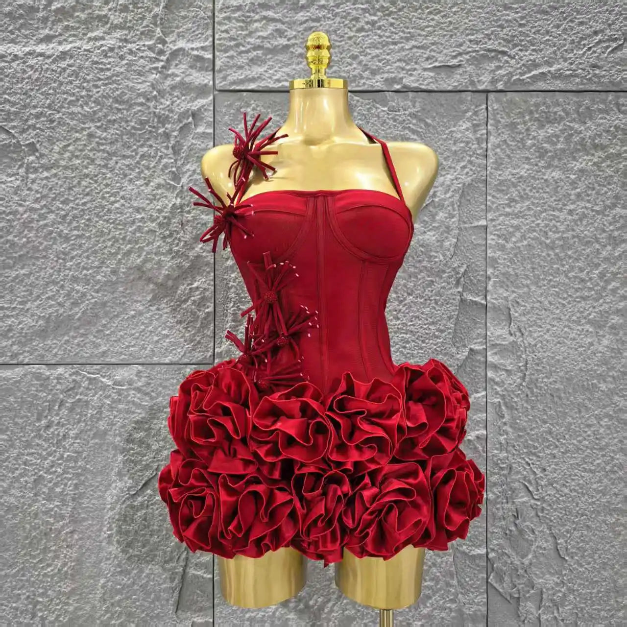 Red Color Women Sexy Halter Full Florals 2 Pieces Bodycon Mini Bandage Dress Celebrate Nightclub Party Birthday Dress