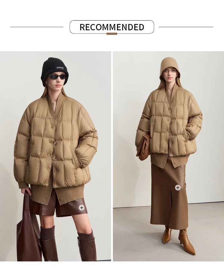 AMII 2024 Winter New Women's Shoulder Sleeves Thickened Collision Material Splicing Wool Fake Two-piece Down Jacket 12444054