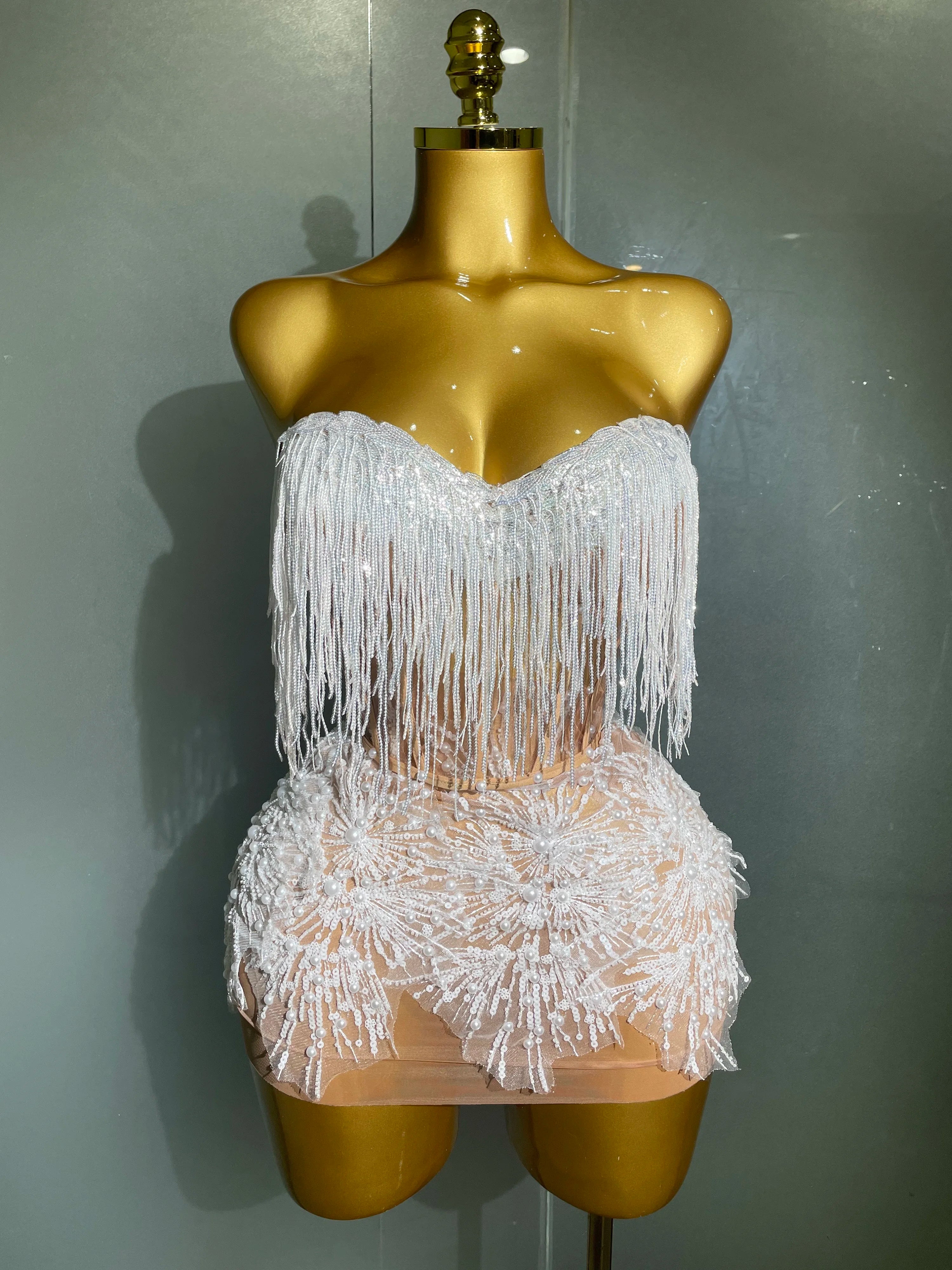 2025 Sexy Pearl Sequins Tassel Sleeveless Glitter Mini Dress Women Singer Bar Nightclub Stage Performance Clothing Show Outfit