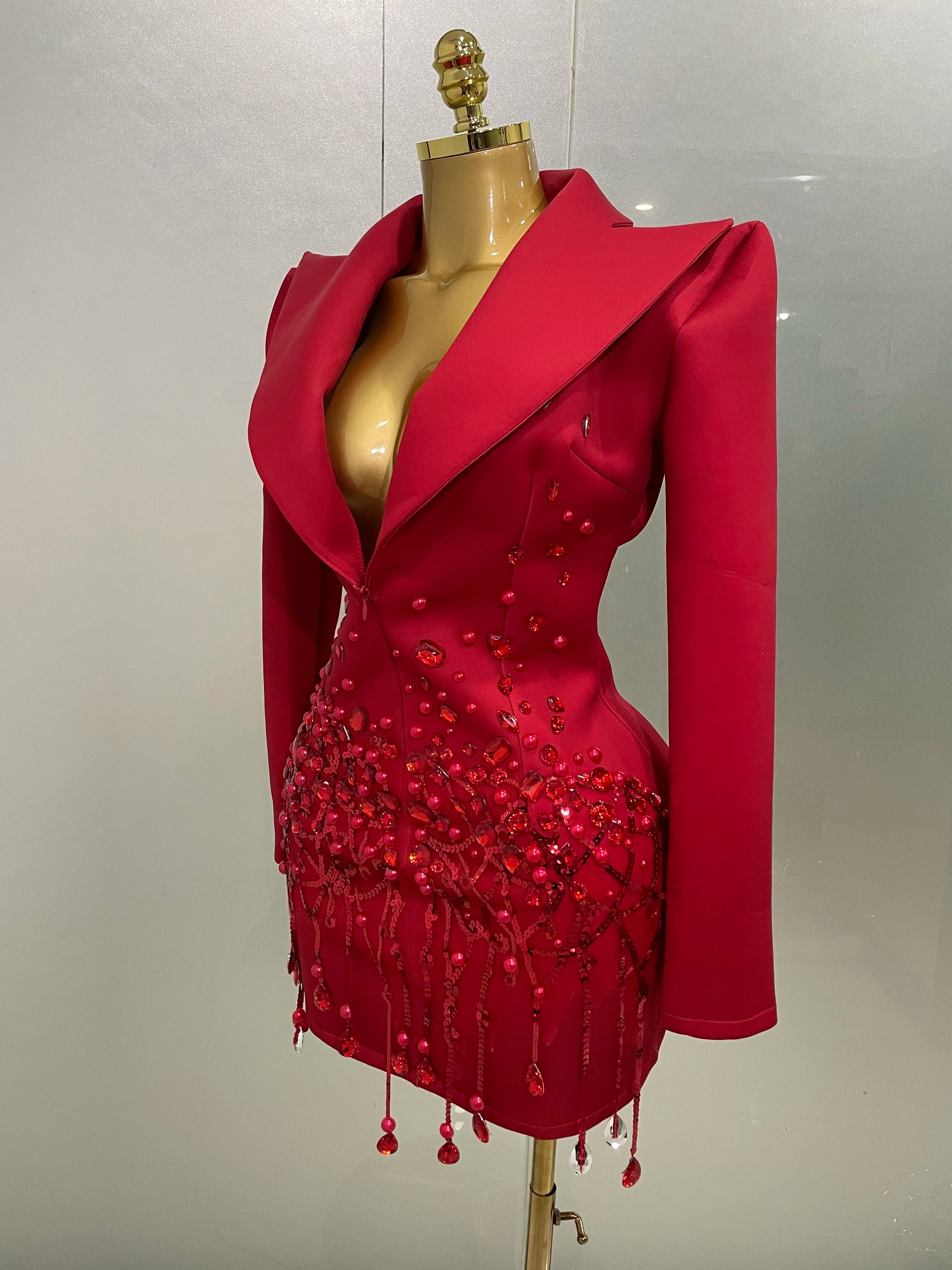 Sparkly Crystal Chains Pearls Long Sleeve Mini Dress 2025 Women Birthday Evening Party Nightclub Outfit Singer Wedding Costume