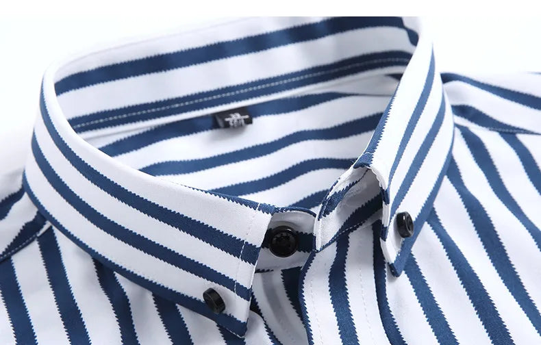 Men Spring Summer Comfortable Vertical Striped Strech Mens Dress Shirts Long Sleeve Soft Business Work Shirt  No Pocket Male