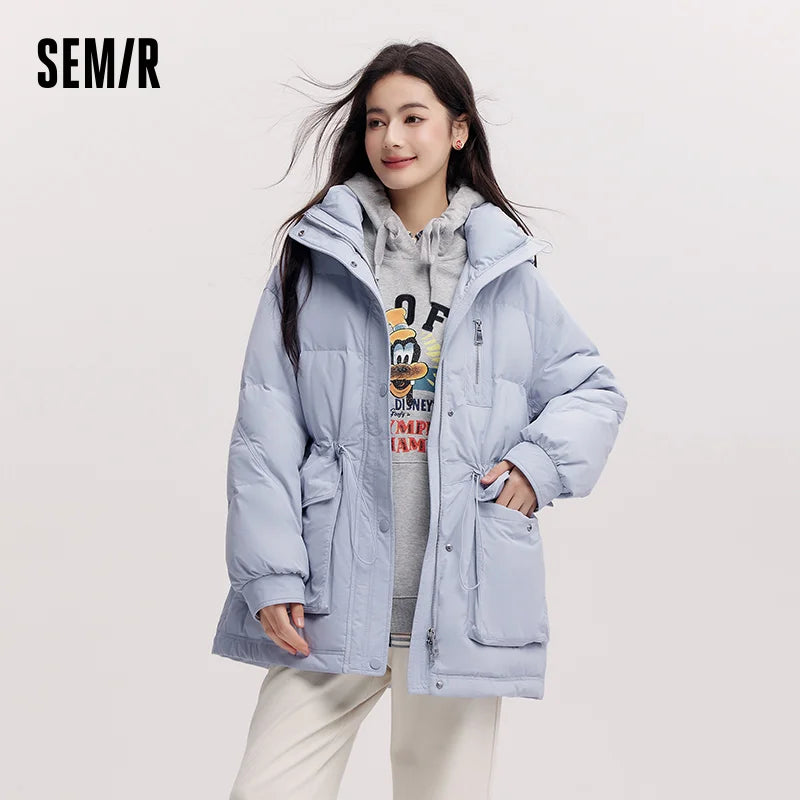 Semir Mid-Length Down Jacket Women Hooded Loose Fit Waist Cinching 2025 New Winter Minimalist Style