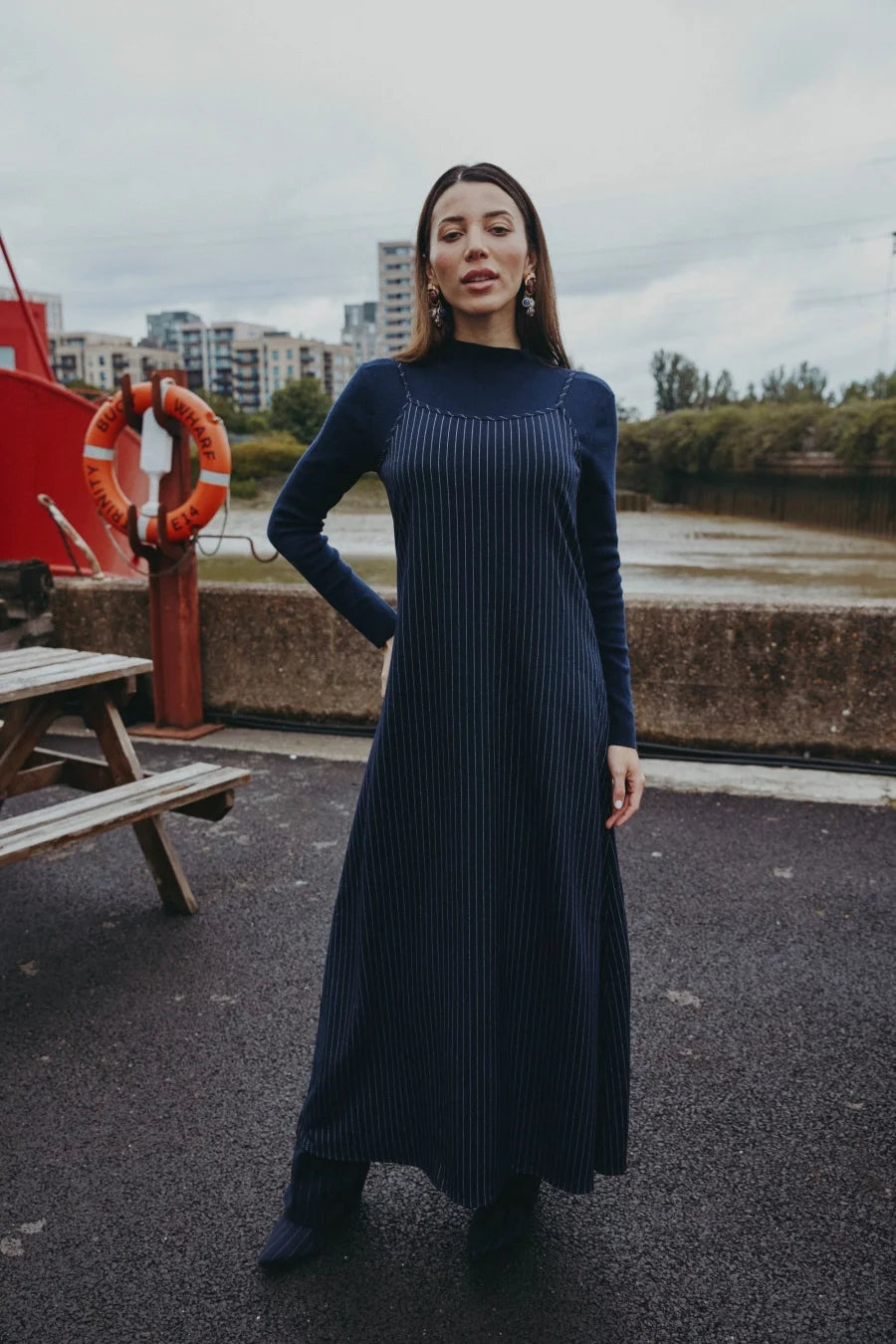 AS AW25 pinstripe collection slip dress + knit mockneck top + embroidery cableknit + stripe pleat skirt