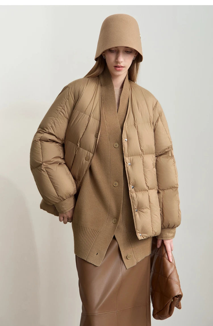 AMII 2024 Winter New Women's Shoulder Sleeves Thickened Collision Material Splicing Wool Fake Two-piece Down Jacket 12444054