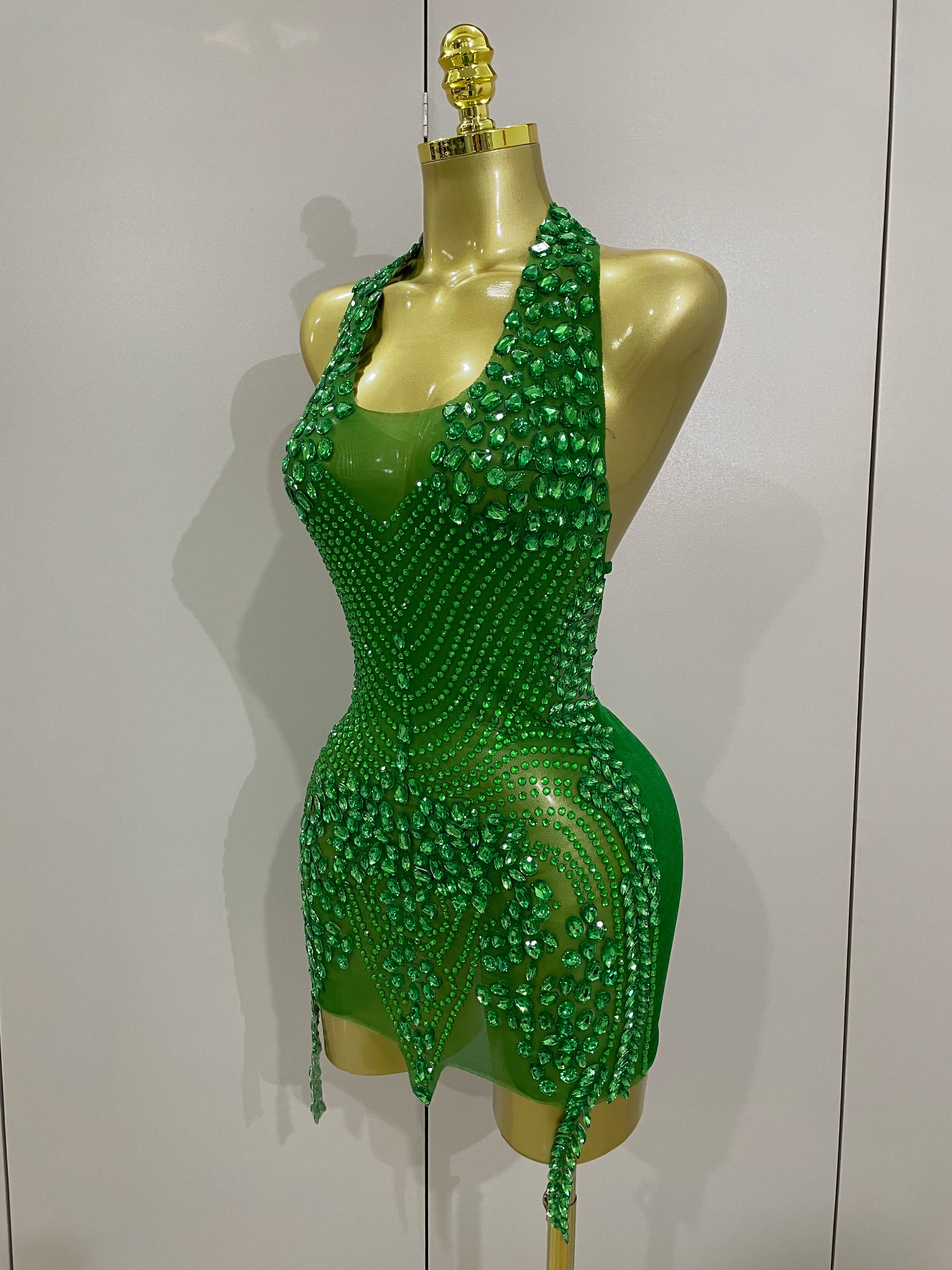 2025 New Sexy Sparkly Rhinestones Halter Backless Mesh Velour Short Dress Women Evening Prom Celebrate Birthday Party Stage Wear