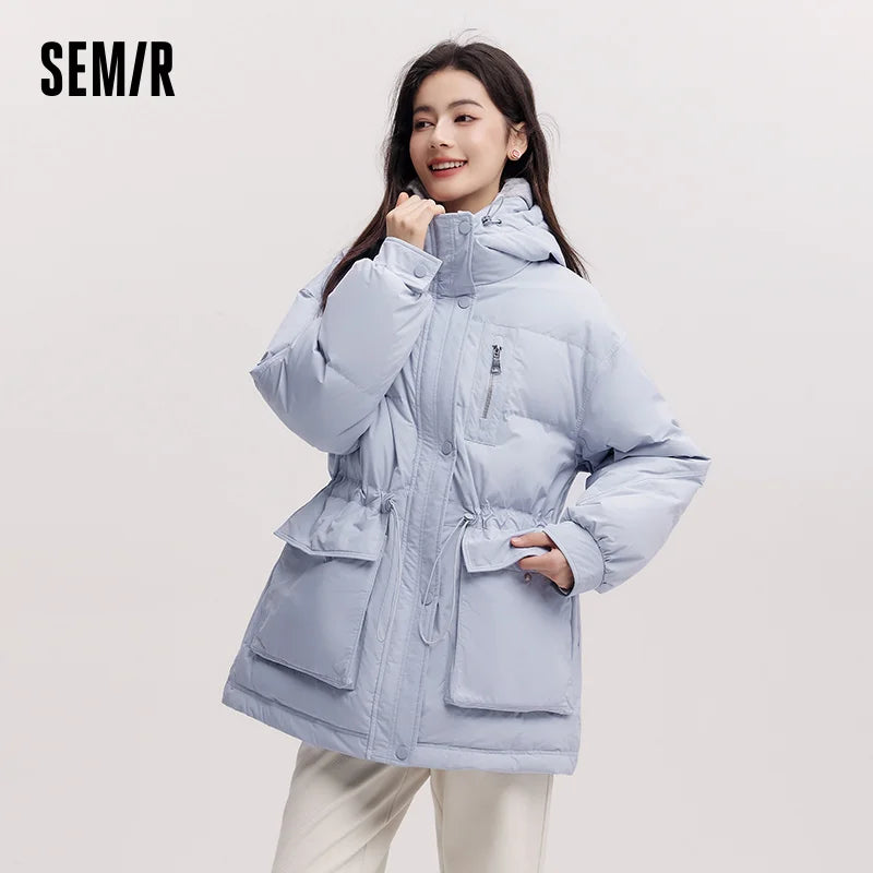 Semir Mid-Length Down Jacket Women Hooded Loose Fit Waist Cinching 2025 New Winter Minimalist Style