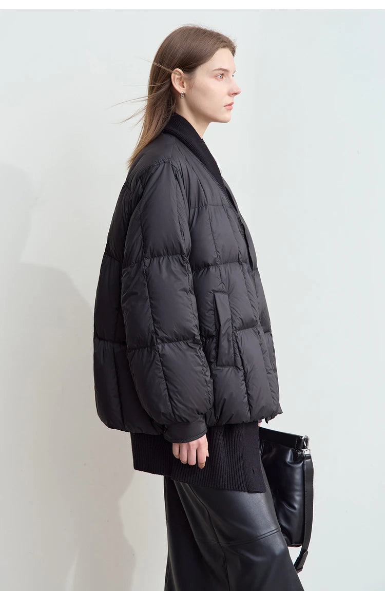 AMII 2024 Winter New Women's Shoulder Sleeves Thickened Collision Material Splicing Wool Fake Two-piece Down Jacket 12444054