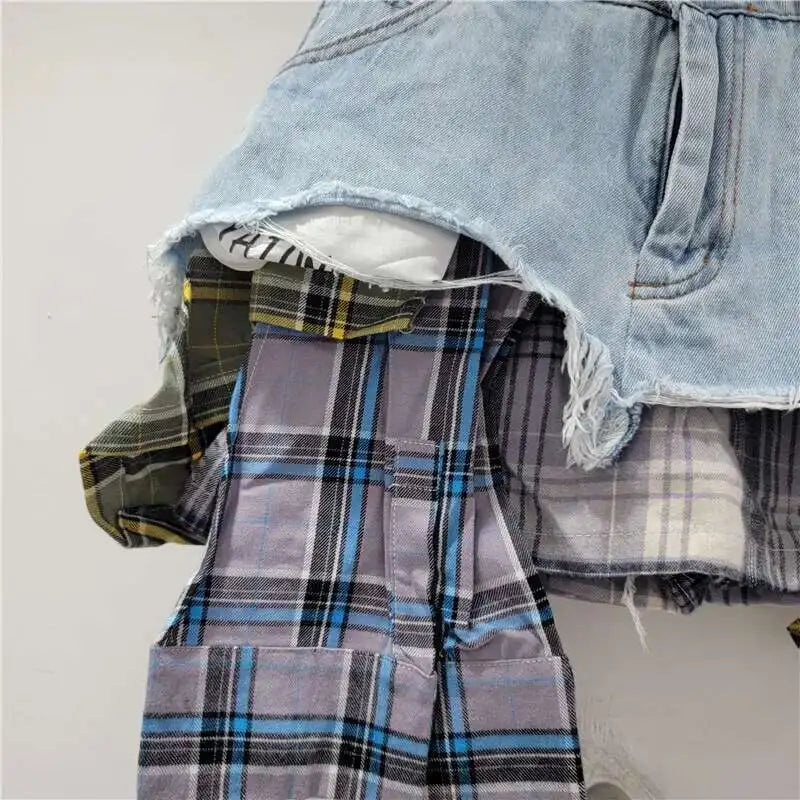 DEAT Women's Denim Skirt Colored Plaid Patchwork Irregular Deconstructed A-line High Waist Mini Skirt 2025 Summer New Fashion