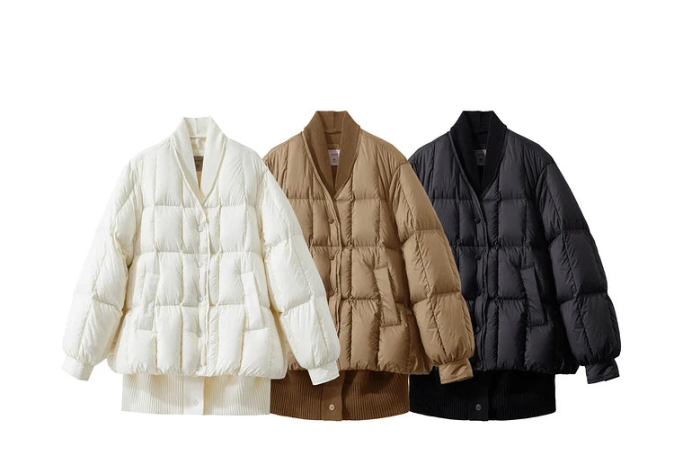 AMII 2024 Winter New Women's Shoulder Sleeves Thickened Collision Material Splicing Wool Fake Two-piece Down Jacket 12444054