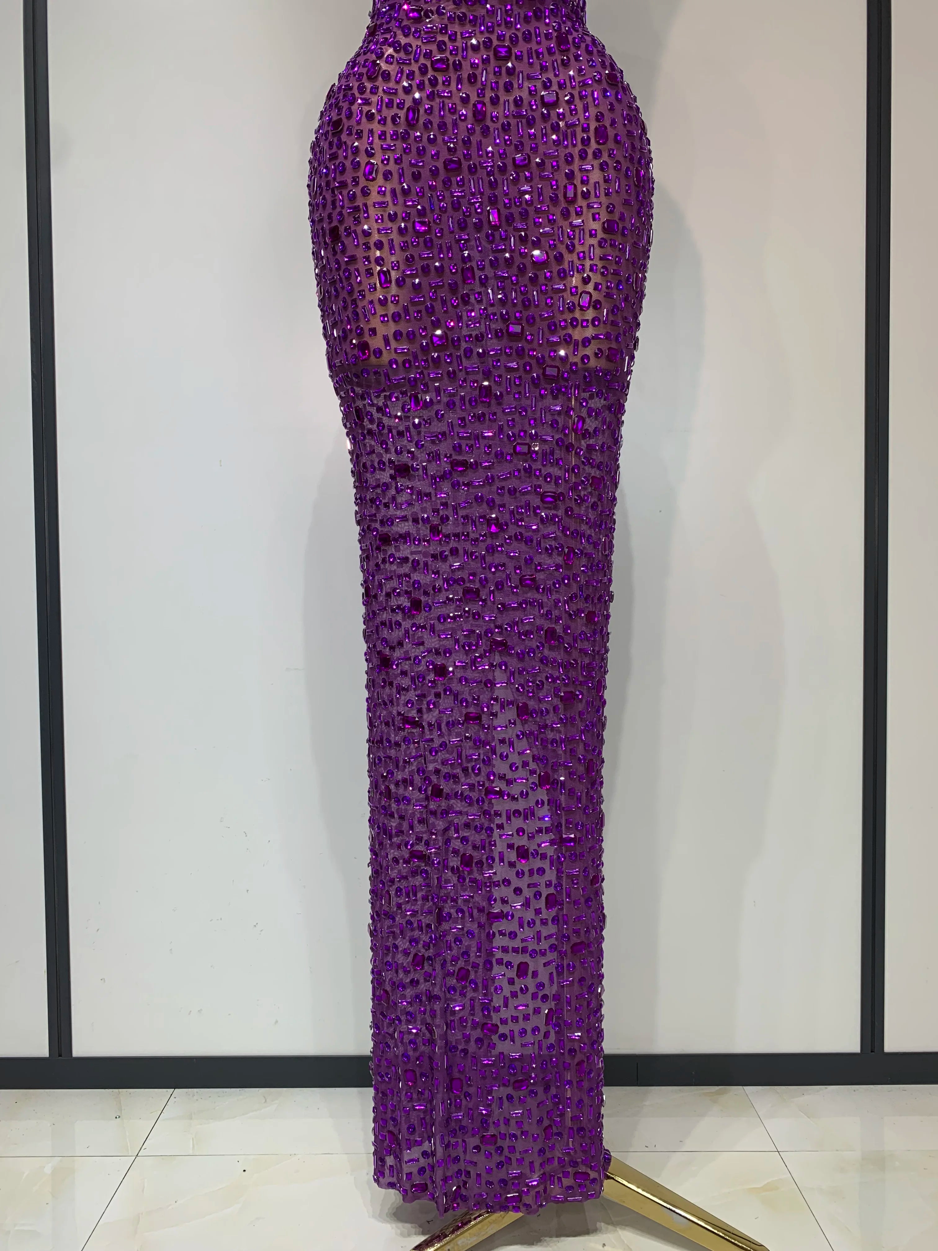 Sparkly Rhinestone Sleeveless Stretch Long Dress Women Sexy Mesh Celebrate Evening Prom Luxury Birthday Dress Evening Party Wear