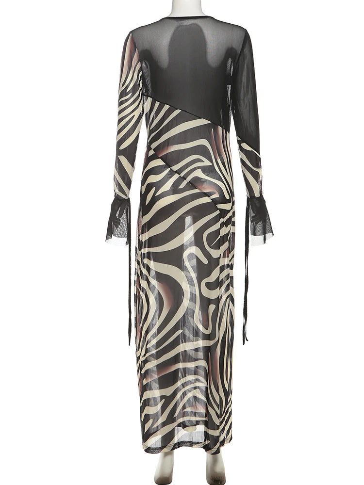 Cutenew Patchwork Print Women Dresses Elegant Vintage Low V-Neck Full Sleeve Straight Maxi Bodycon Female High Street Party Robe