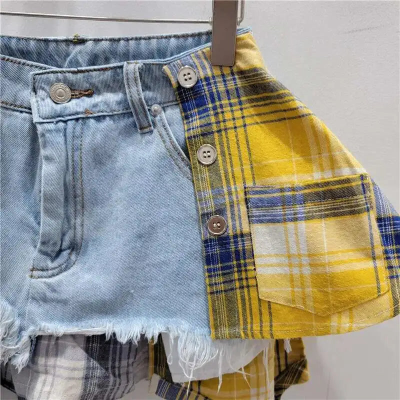 DEAT Women's Denim Skirt Colored Plaid Patchwork Irregular Deconstructed A-line High Waist Mini Skirt 2025 Summer New Fashion
