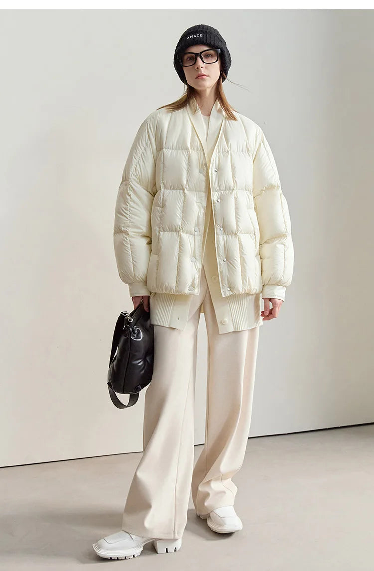 AMII 2024 Winter New Women's Shoulder Sleeves Thickened Collision Material Splicing Wool Fake Two-piece Down Jacket 12444054