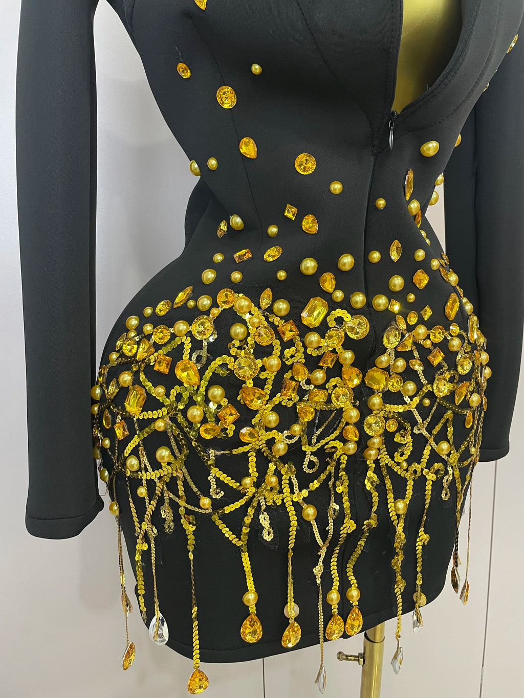 Sparkly Crystal Chains Pearls Long Sleeve Mini Dress 2025 Women Birthday Evening Party Nightclub Outfit Singer Wedding Costume