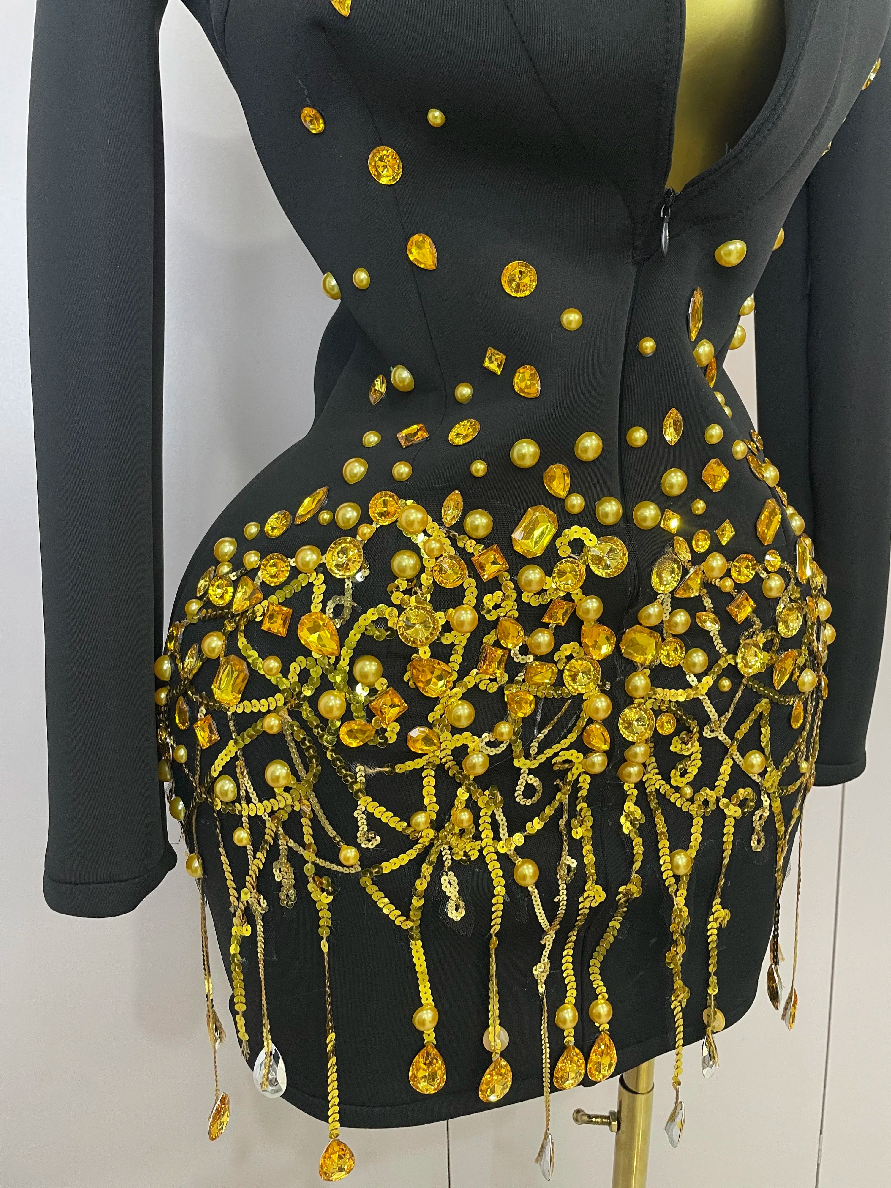 Sparkly Crystal Chains Pearls Long Sleeve Mini Dress 2025 Women Birthday Evening Party Nightclub Outfit Singer Wedding Costume