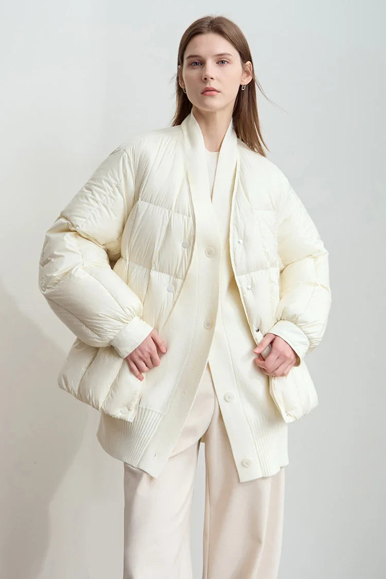 AMII 2024 Winter New Women's Shoulder Sleeves Thickened Collision Material Splicing Wool Fake Two-piece Down Jacket 12444054