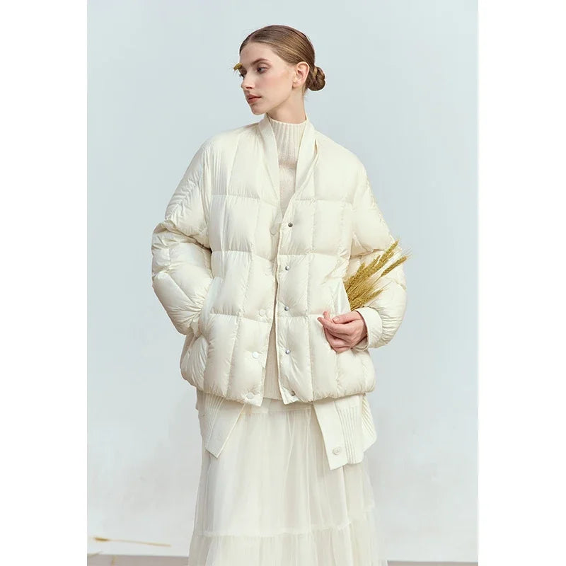 AMII 2024 Winter New Women's Shoulder Sleeves Thickened Collision Material Splicing Wool Fake Two-piece Down Jacket 12444054