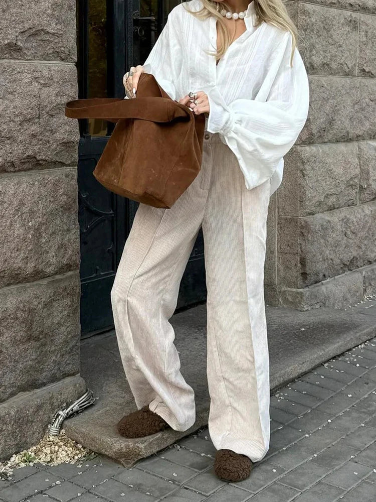 Aoaiiys Pants Women's Corduroy Cotton Vintage Trousers High Waist Wide Leg Pants Autumn Winter New Fashion Chic Casual Trousers