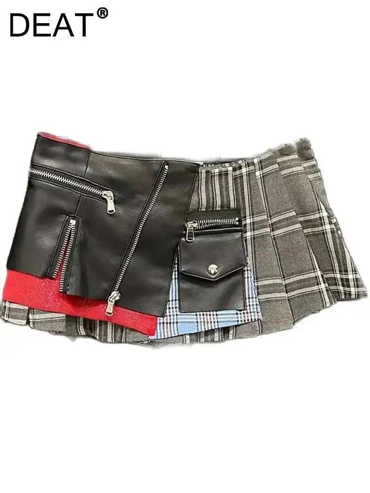 DEAT Women's Denim Skirt High Waist Pu Leather Patchwork Plaid Irregular Wrap Hip Mini Skirts 2025 Summer New Fashion 29L7565