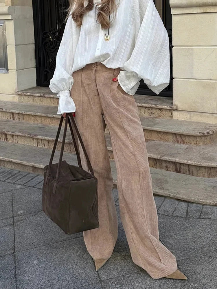 Aoaiiys Pants Women's Corduroy Cotton Vintage Trousers High Waist Wide Leg Pants Autumn Winter New Fashion Chic Casual Trousers