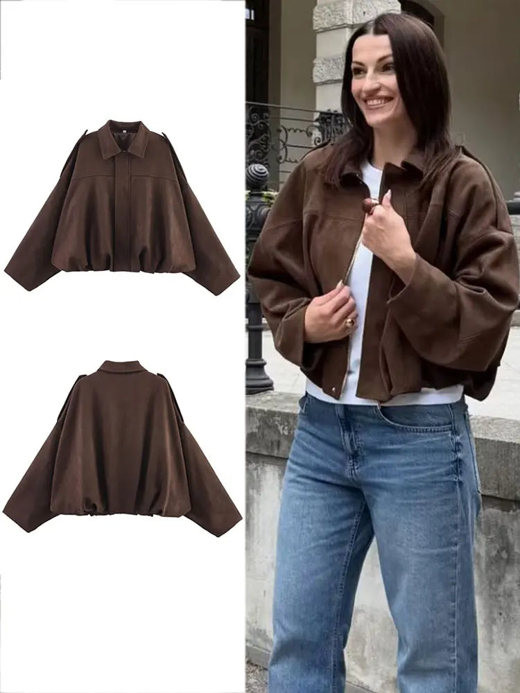 HH Women Vintage Coffee Brown Suede Coat Loose Casual Long Sleeve Zipper Jacket Autumn Fashion Lady High Street Outerwear