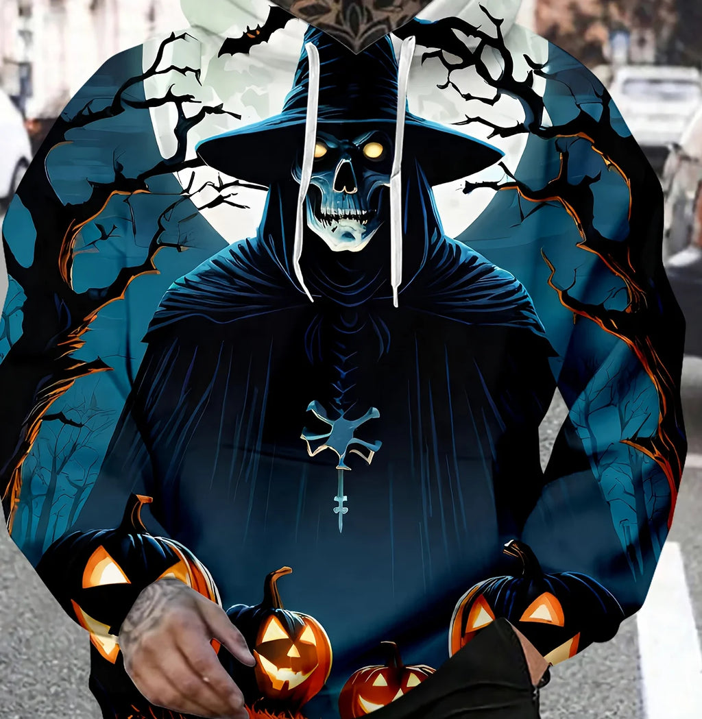 Halloween Theme Men's Sweatshirt | Ghost Face Print Long Sleeve Hoodie | Fashion Versatile Drawstring Hooded Fall Jacket