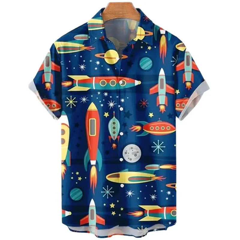3D Printed Rocket Hawaiian Shirt For Men Cartoon Pattern Blouse Summer Casual Street Aloha Shirts Loose Short Sleeves Button Top