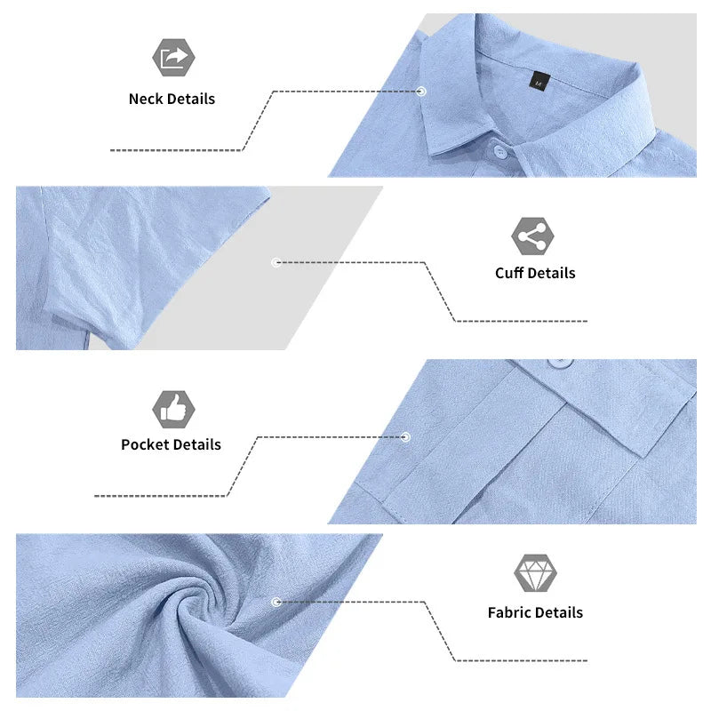 Men's Cotton Linen Short-Sleeved Shirt Summer Solid Color Stand-Up Collar Casual Beach Style plus Size S-5XL