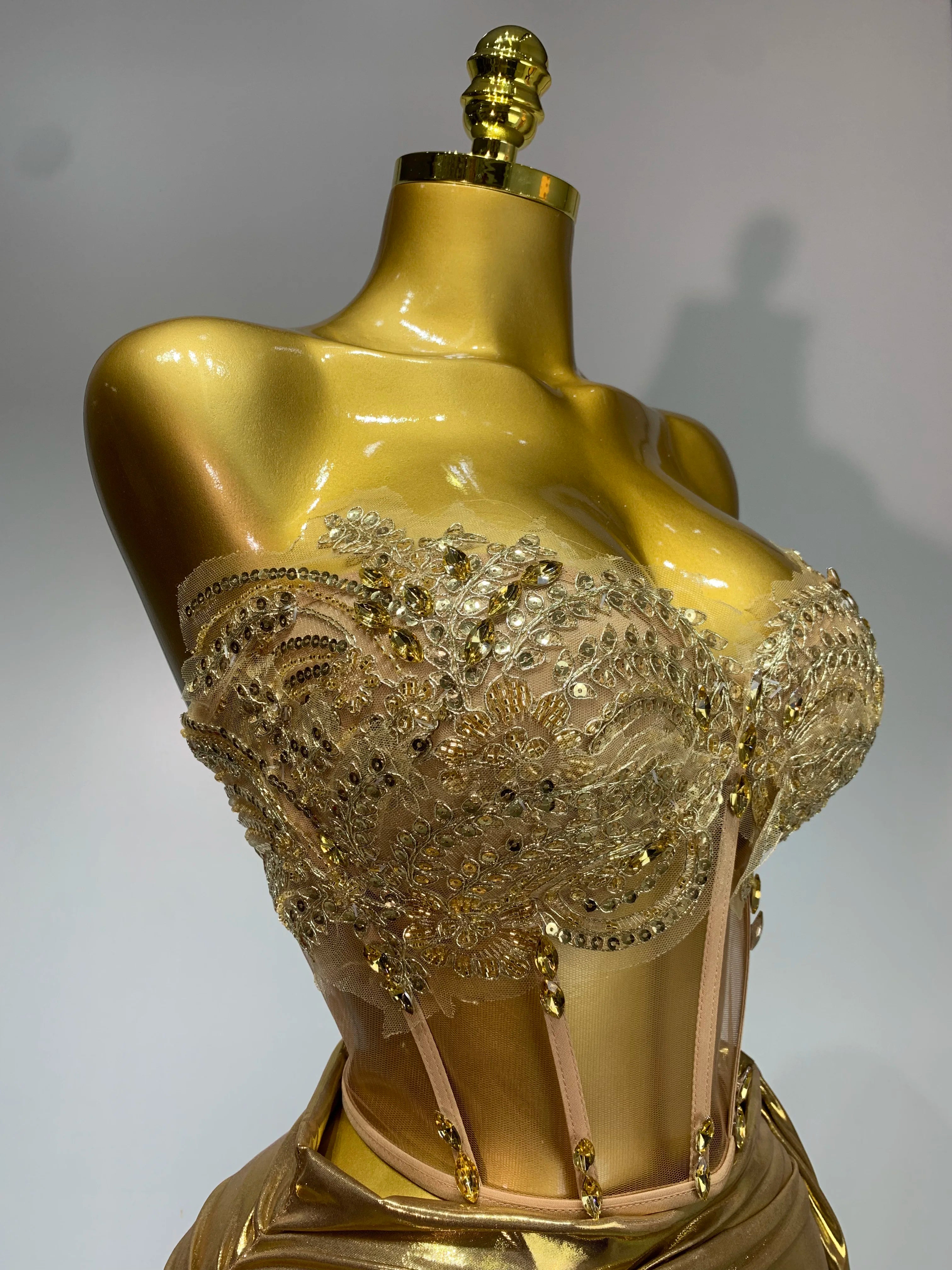 Women Sexy Strapless Sequins Rhinestone Gold Dress Glitter Top Two Pieces Sets Birthday Evening Party Club Singer Stage Outfit