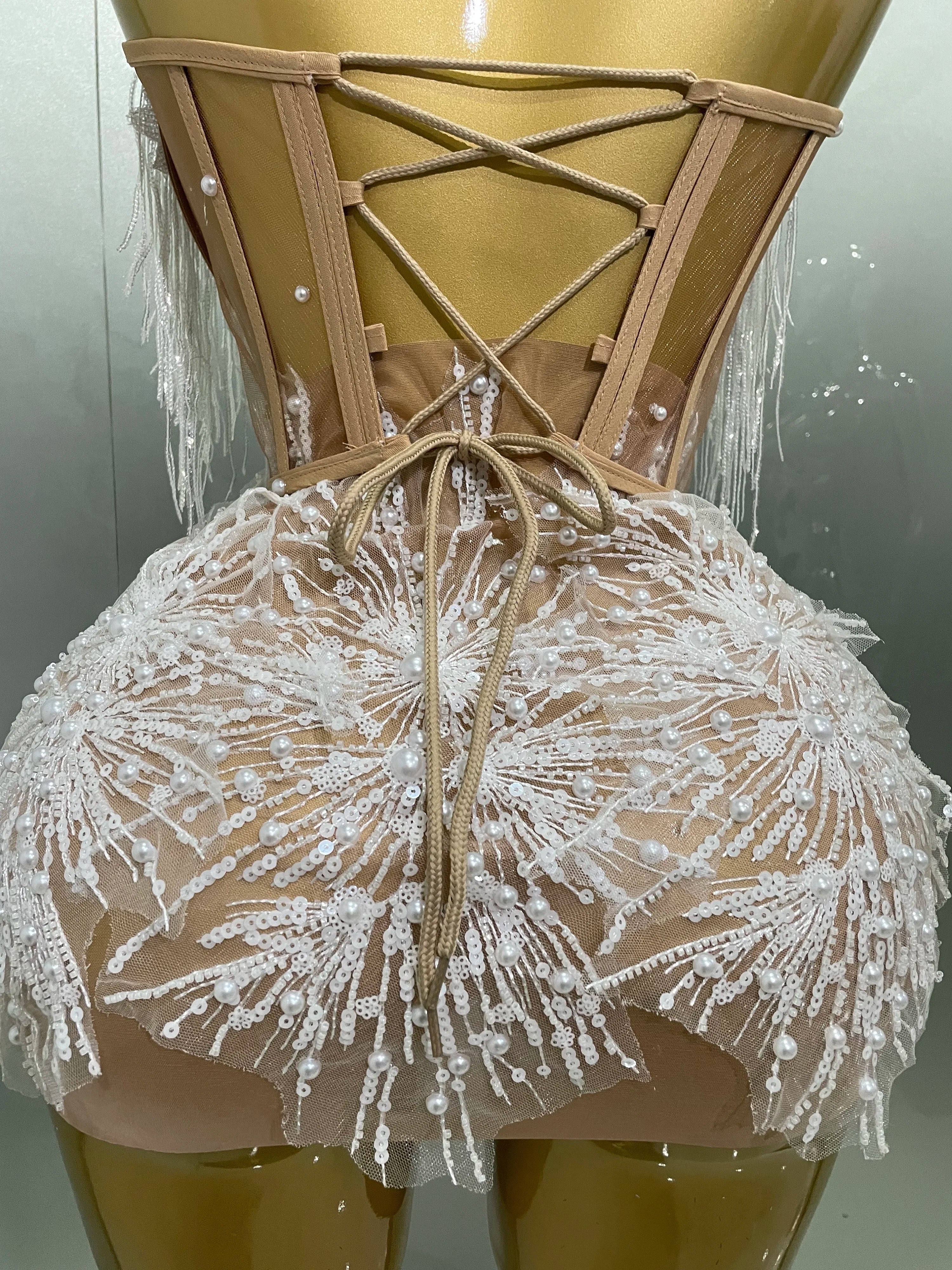 2025 Sexy Pearl Sequins Tassel Sleeveless Glitter Mini Dress Women Singer Bar Nightclub Stage Performance Clothing Show Outfit